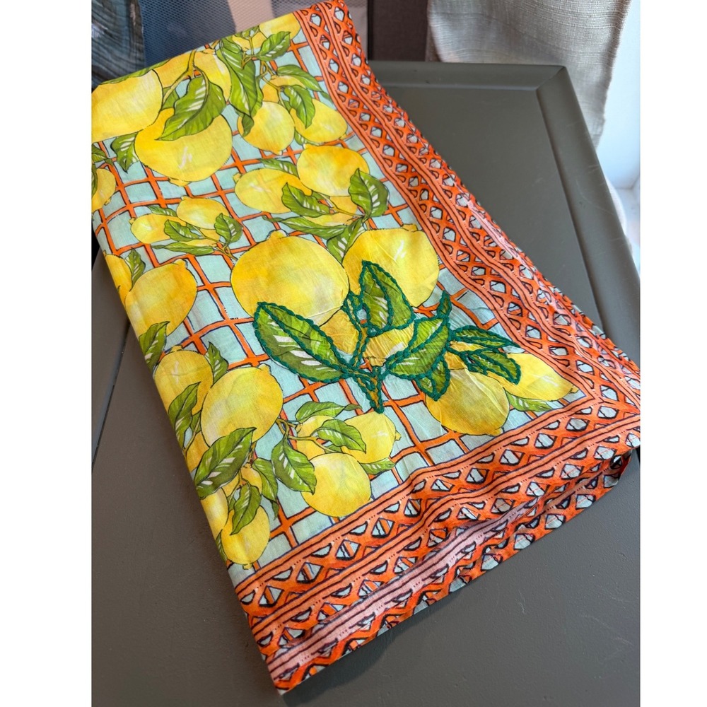 Calypso St. Barth Lemon Print Cotton Sarong Wrap Blue Orange Yellow NWT